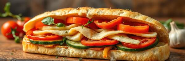 Delicious vegetable sandwich with fresh ingredients and a golden crust perfect for a quick meal photo