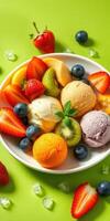 Colorful fruit and ice cream dessert served on a bright green background with fresh berries and mint leaves photo