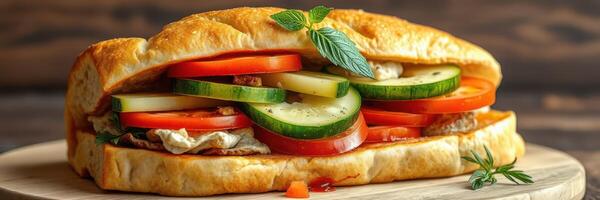 Freshly made sandwich with vegetables and herbs on wooden board in warm light photo