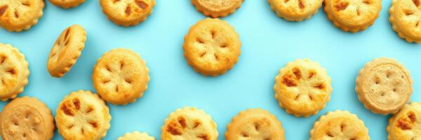 Freshly baked cookies arranged on a vibrant blue surface, showcasing a delightful assortment of flavors and shapes photo