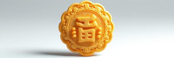 Mooncake with intricate design symbolizing good fortune, displayed on a neutral background during a festive season photo