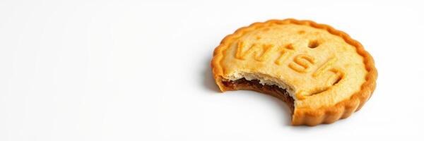 Bite-sized cookie with wish engraved on its surface rests against a plain background photo