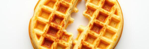 Waffle split in half on a clean surface with a golden-brown texture and crispy grid pattern photo
