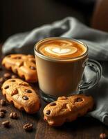 Coffee with heart latte art and cookies served on a wooden table with scattered coffee beans in a cozy setting photo