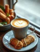 Warm latte art and cookies beside a window in a cozy cafe during afternoon photo