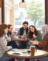 Friends enjoy a cozy afternoon at a cafe while chatting, laughing, and sipping coffee in a warm atmosphere photo