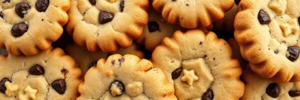 Baked cookies with chocolate chips and decorative shapes arranged on a surface photo