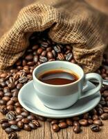 Freshly brewed coffee in a cup beside roasted coffee beans and a burlap sack on a rustic wooden table photo