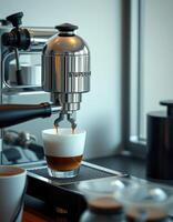 Precision espresso extraction with a sleek espresso machine in a modern kitchen setting during morning hours photo
