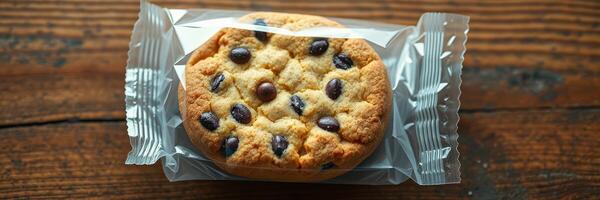 Freshly baked chocolate chip cookie wrapped in clear packaging on wooden table photo