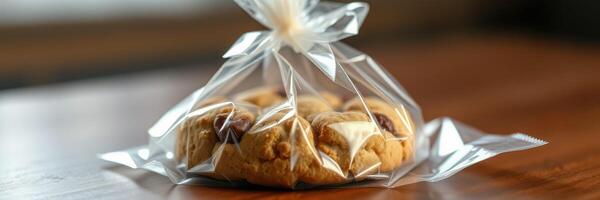 Treats in a clear bag on a wooden table created for a cozy snack time at home photo
