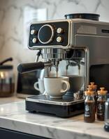 Espresso machine brews fresh coffee in modern kitchen setting with elegant decor and accessories photo