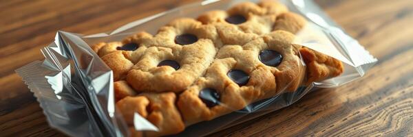 Delicious cookie filled with chocolate pieces, wrapped in clear plastic on a wooden surface photo
