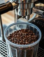 Fresh coffee beans ready for brewing in an espresso machine at a local cafe during the morning rush photo