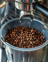 Freshly roasted coffee beans ready for brewing in an espresso machine at a rustic cafe photo