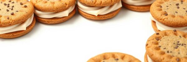 Delicious cream-filled cookies arranged in a creative pattern on a clean white surface photo