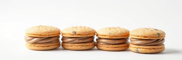 Delicious golden cookies filled with chocolate cream arranged in a neat row on a plain background photo