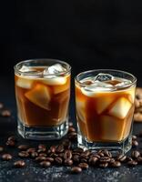 Iced coffee drinks with ice cubes and coffee beans in the background photo