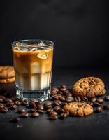 Delicious iced coffee served with cookies and coffee beans on a dark surface photo