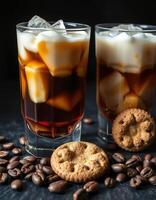 Refreshing iced coffee served with cookies and coffee beans on a dark surface in a cozy setting photo