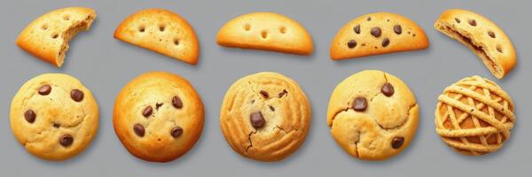 Variety of delicious cookie shapes and designs displayed against a neutral background photo
