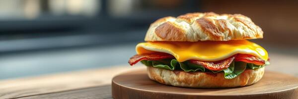 Delicious breakfast sandwich with crispy bacon, fresh spinach, and melted cheddar cheese served on a toasted croissant photo