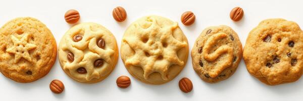 Assorted freshly baked cookies arranged creatively with coffee beans on a white surface in a cozy kitchen setting photo