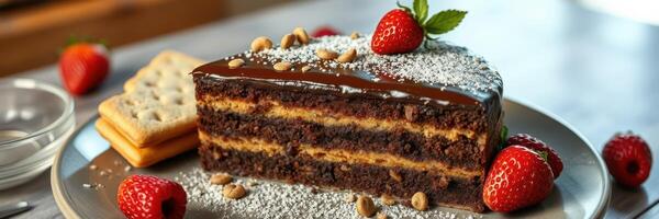 Chocolate cake with fresh strawberries and nuts served on a silver plate in a cozy kitchen setting photo