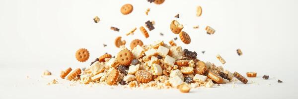 Assorted cookies and snacks scattered on a white background display a variety of textures and shapes photo