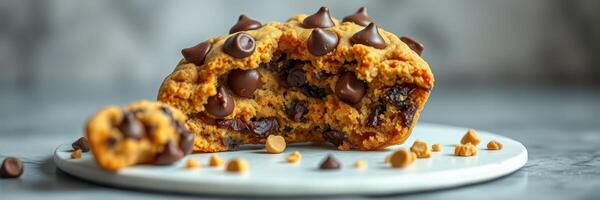 Delicious freshly baked chocolate chip cookie on a white plate with a bite taken out photo