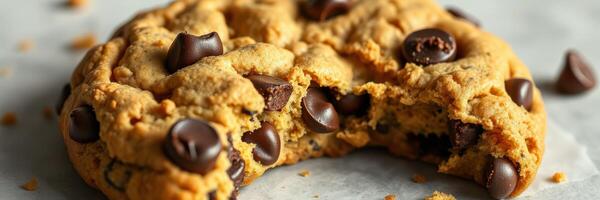 Deliciously baked chocolate chip cookie with a bite taken out, showcasing gooey chocolate and soft texture photo