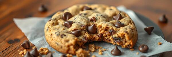Warm chocolate chip cookie with a bite taken from it on a wooden table photo