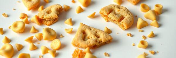 Delicious broken cookies and chocolate chips scattered on a white surface photo