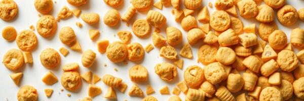Savory biscuits scattered across a white surface, showcasing unique shapes and textures for a delicious snack experience photo