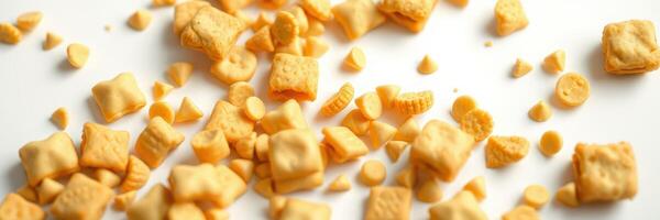 Crunchy snacks scattered across a clean surface showcasing different shapes and textures in natural light photo