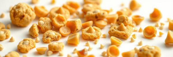 Snacks scattered on a white surface featuring a variety of crunchy shapes and sweet flavors photo