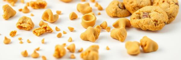 Delicious homemade cookie pieces scattered on a white surface for a delightful treat photo