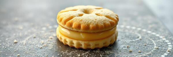 Delicious cream-filled cookie dessert arranged on a rustic wooden table in natural light during the afternoon photo