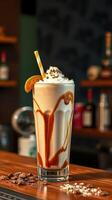 Creamy caramel milkshake served with a coffee twist in a vibrant cafe setting photo