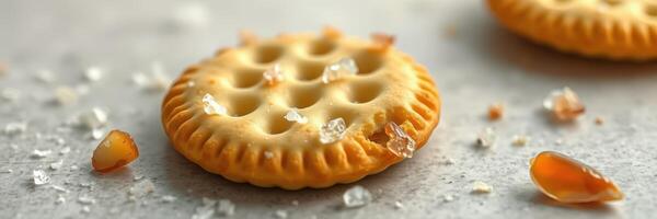 Crunchy snack with a light sprinkle of salt, featuring a caramelized glaze on a gray countertop photo