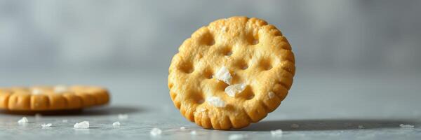Snack time features a golden cookie resting on a smooth surface with a sprinkle of salt around it photo