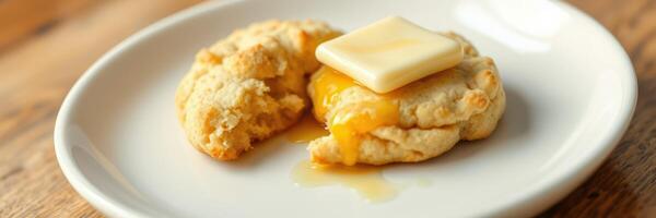 Freshly baked biscuit topped with melting butter and honey on a white plate photo