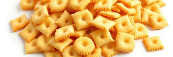 Crunchy cheese snacks scattered on a white surface for a delicious treat or party snack option full of flavor and fun photo