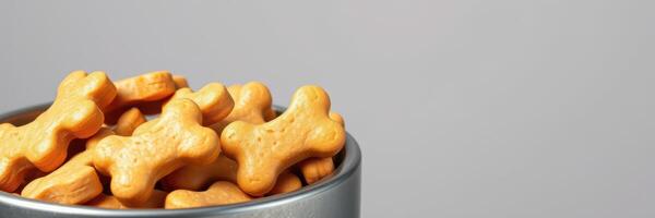 Dog biscuits stacked in a metal container for pets, close-up view highlights texture and shape photo