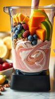 Colorful smoothie preparation features fresh fruits and yogurt in a blender on a bright kitchen counter photo