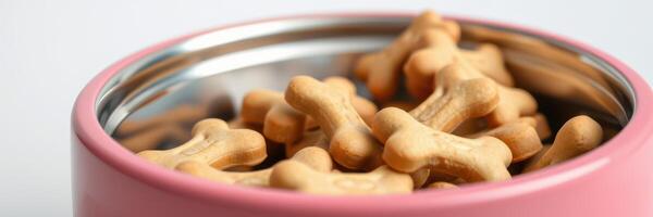 Dog treat container filled with bone-shaped snacks in a pink bowl highlighting pet nutrition photo