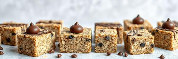 Delicious chocolate chip oat squares arranged on a light surface for an appealing dessert display photo