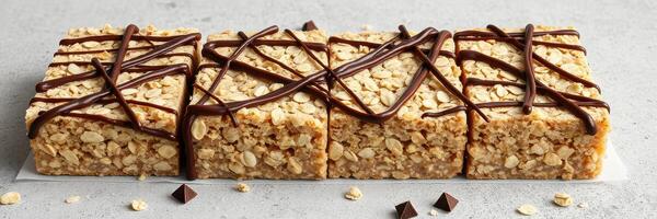 Delicious oat and chocolate snack bars displayed on a light surface ready for enjoying any time of day photo