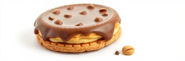 Delicious chocolate-covered cookie with chocolate chips on a clean surface at a dessert table photo