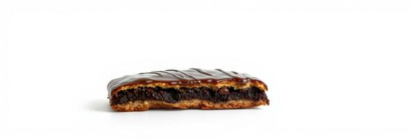 Chocolate coated snack filled with creamy filling displayed on a plain background photo